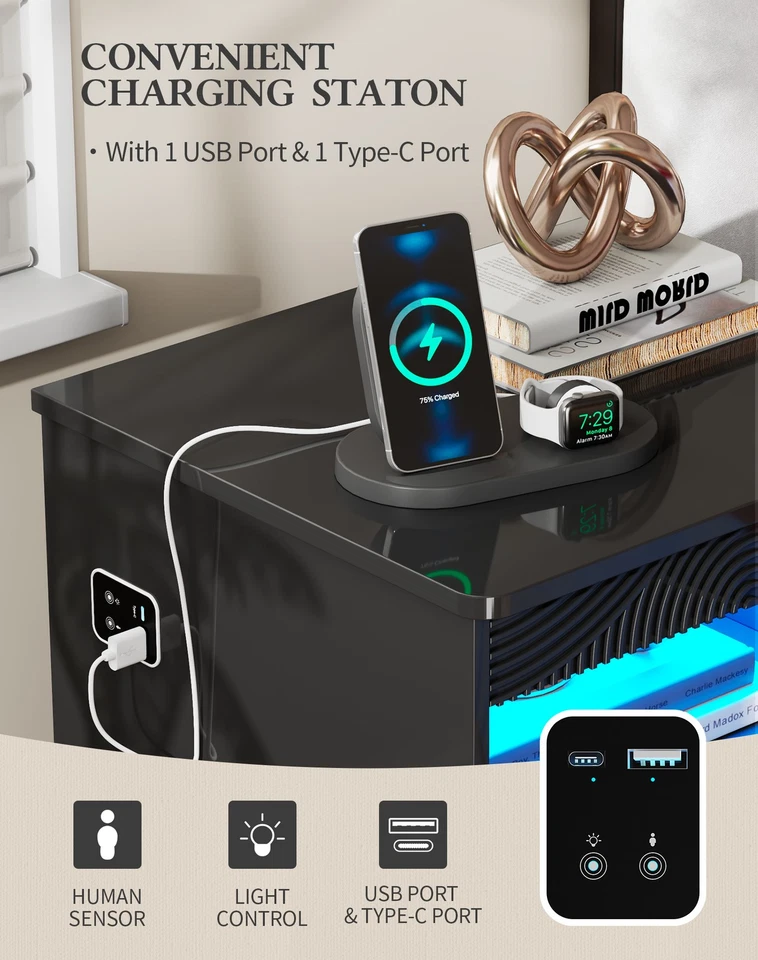 Mesita de Noche con Cajón para Pistola, Mesita de Noche Inteligente con Estación de Cargador y Luz LED Foto 4 de 4