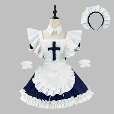 Gothic Maid Dress Costume Set Black Navy Cosplay Outfit Dress Apron Collar