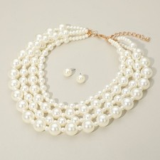 2pc Multi Layer Faux Pearl Necklace and Stud Earring Jewelry Set