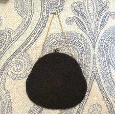 Black Beaded Evening Bag with Gold Chain Handle Formal Vintage Style