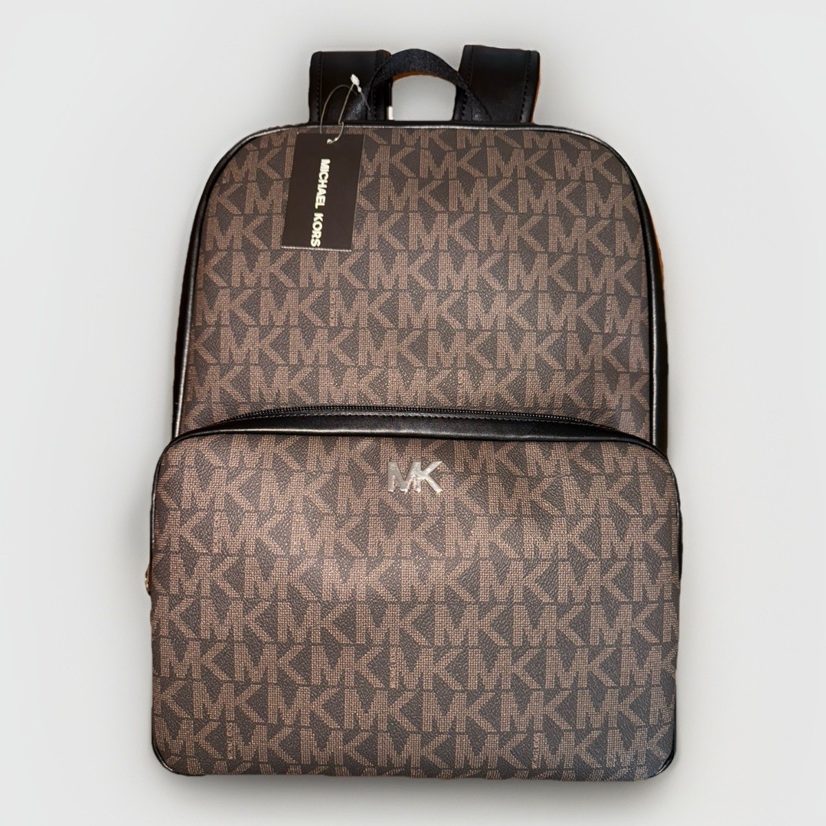 MICHAEL KORS EVERETT Backpack Front Pocket Brown MK Logo Leather