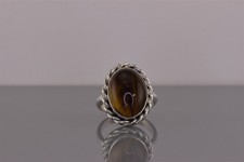 Sterling Silver Polished Oval Tigers Eye Twisted Trim Band Ring 925 Sz: 7