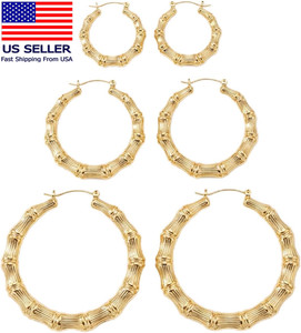 Authentic 18K Gold Plated Bamboo Hoop Earrings Large Round Heart Design 80S 90S