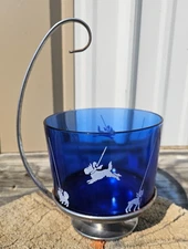 Hazel Atlas Sportsman Cobalt Blue Ice Bowl Dogs Art Deco 1930's Stand & Claw