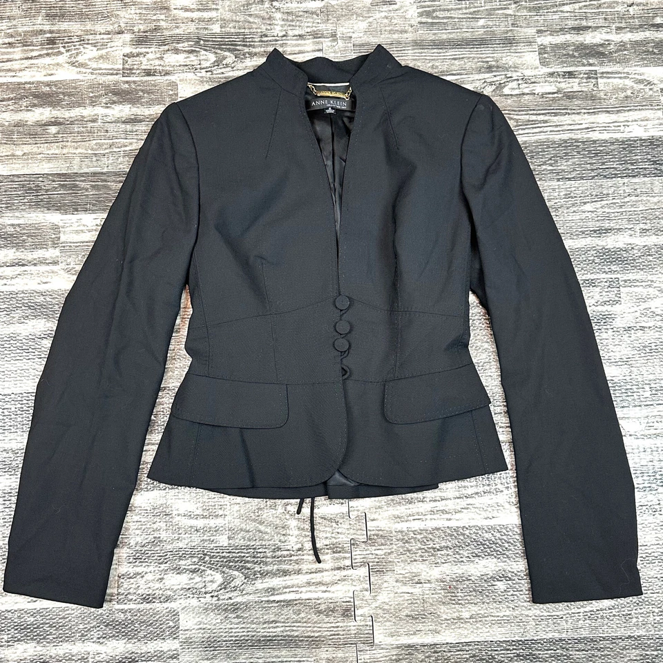Traje Colección Anne Klein 2 Piezas Mujer Talla 6 Peplum Chaqueta Con Cordones Falda Negra Foto 2 de 4