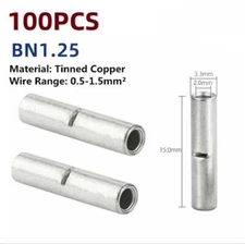 100Pcs Bare Copper Ferrule Butt Wire Connectors Crimp Splice Terminals 22-16AWG