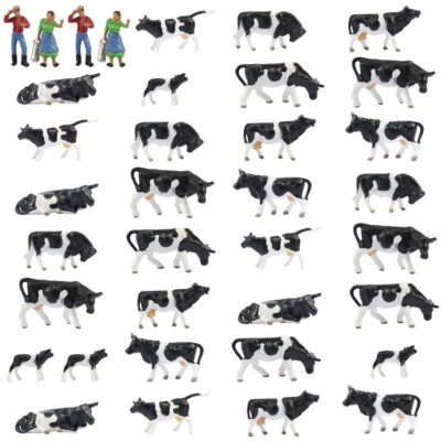 36pcs HO Scale 1:87 Model Cows Black White Cattles Farm Animals Shepherd Figures