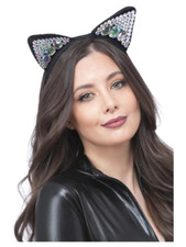 Jewelled Black Cat Ear Headband Ladies Halloween Fancy Dress Cat Outfit
