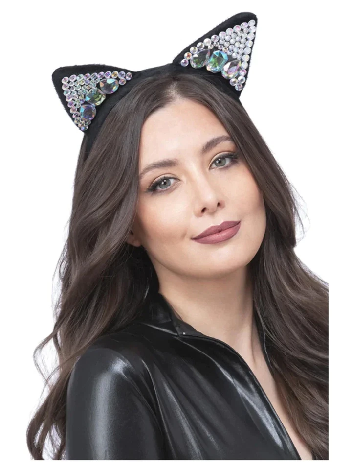 Juwelenbesetzt Schwarze Katze Ohr Stirnband Damen Halloween Kostüm Katze Outfit - Bild 1 von 1