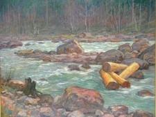 Gemälde von Ernst Miesler "Flusslandschaft" Öl auf Sperrholz um 1900