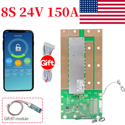 Lifepo4 8S 24V 150A Smart BMS Lithium Battery Board w/Balance Wires Bluetooth US