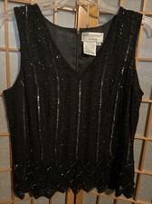 Papell Boutique Evening Black Silk Sequined Beaded Sleeveless Top Size M