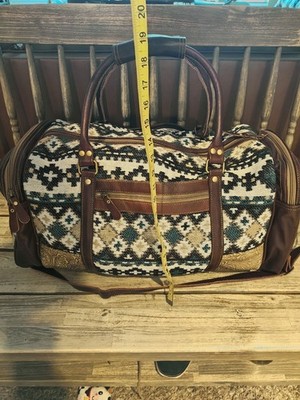 Myra Bag Western Boho Duffle Weekender Bag Large Blue Aztec Canvas Leather