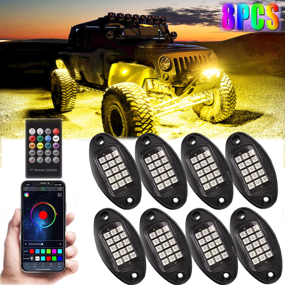 RGB LED Rock Lights 8Pods Offroad Music Wireless Bluetooth Underglow Neon Lights