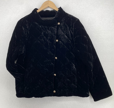 TALBOTS Jacket 16 Velvet Diamond Quilted Down Asymmetrical Button Insulated Blk