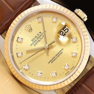 ROLEX DATEJUST 16233 CHAMPAGNE DIAMOND 18K GOLD STEEL WATCH w/ LEATHER BAND