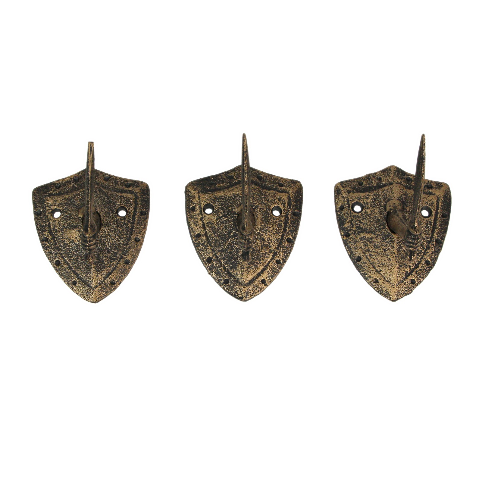 Set of 3 Cast Iron Bronze Sword & Shield Decorative Wall Hooks Key Holder
