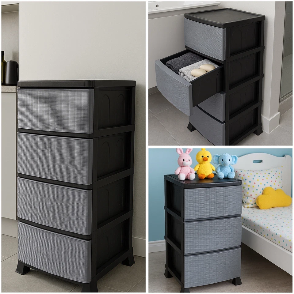 Kunststoff Kommode 4 Schubladen Container Kinderzimmer, Badregal, Obstregal grau