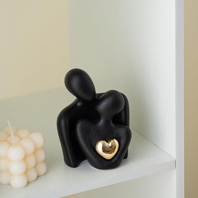 Modern Mini Ceramic Couple Figurine with Heart Abstract Love Statue & Sculpture