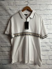 True Religion Men's Sz Large Polo Shirt White Stripe Spell Out Logo Collared New