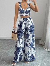 Floral Print Crop Top and Wide Leg Pants Set