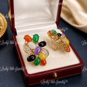 14k  Yellow gold Ladies Multicolor Jade Jadeite earring 0.06 ct   6.00 grams