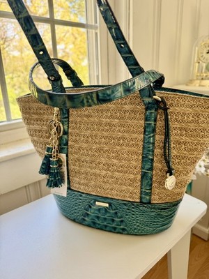 Brahmin Leather Medium Bowie Tote Lagoon Mantle And Straw - Lined - EUC Dust Bag