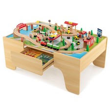 Kids Wooden Train Activity Playset w/ Solid Wood Tracks Large Storage Drawer