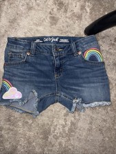 Cat  Jack Kid Girls Rainbow Frayed Adjustable Super Stretch Denim Shorts Blue M