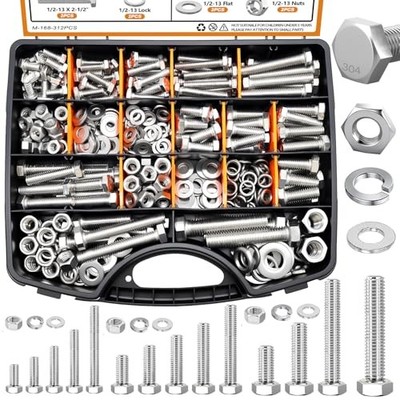  312PCS Hex Bolts and Nuts Assortment Kit,4 SAE 1/4''-1/2'' -312PCS SS-Hex Head
