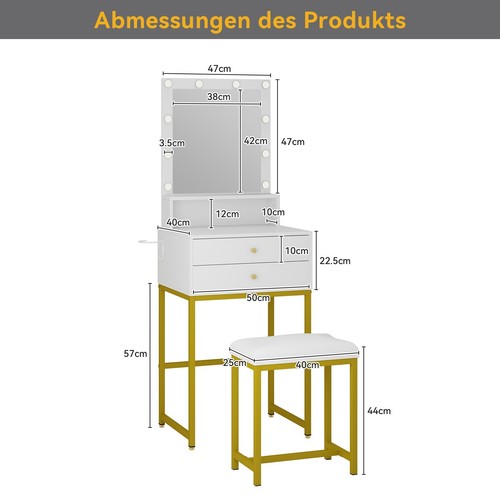 Schminktisch Kosmetiktisch Frisiertisch Kommode Hocker LED-Beleuchtung Spiegel - Bild 8 von 8
