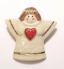 Christmas White CERAMIC ANGEL WITH RED HEART ON GOWN Brooch Pin Gilt Trim