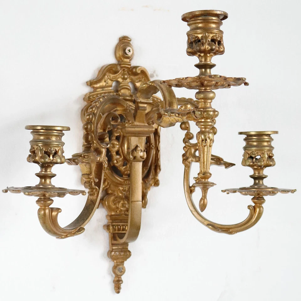 Pair Antique French Renaissance Revival Brass 3-Candlelight Wall Sconces c. 1890 - Image 4 of 4