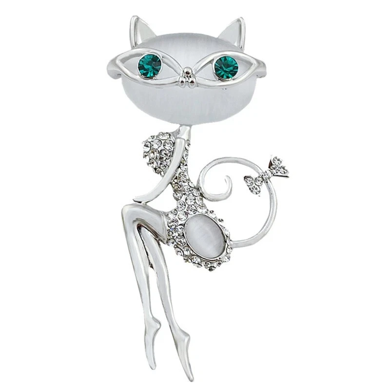 Schöne Brosche Katze mit Brille aus Stein und Kristall