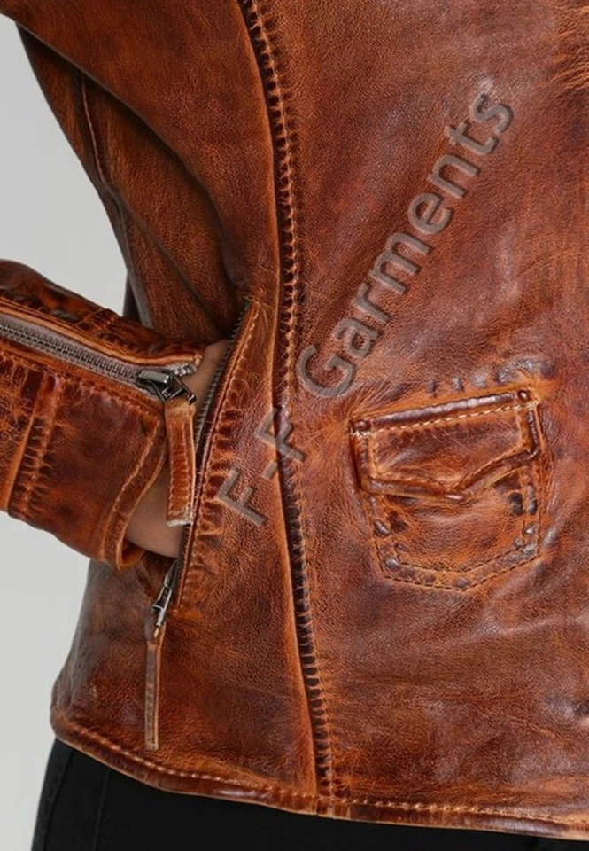 Chaqueta de cuero de motociclista vintage café corredor marrón envejecido para mujer Foto 2 de 4