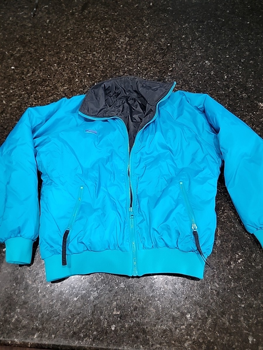 VTG Columbia Reversible Puffer Jacket Coat Women Large Black Aqua