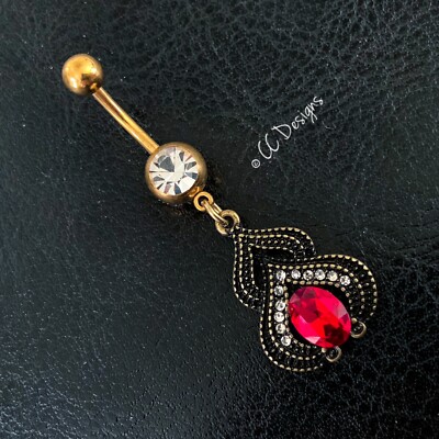 14g gold IP white red sparkle cz dangle burnished arabesque belly ring (B422)
