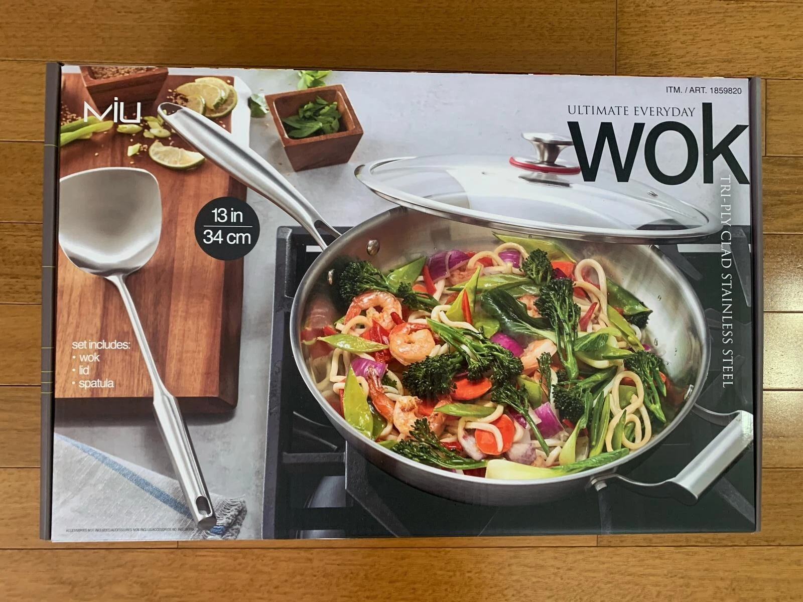 MIU Ultimate Stainless Steel 13"= 34cm Wok Tri-Ply Clad includes Lid,Spatula