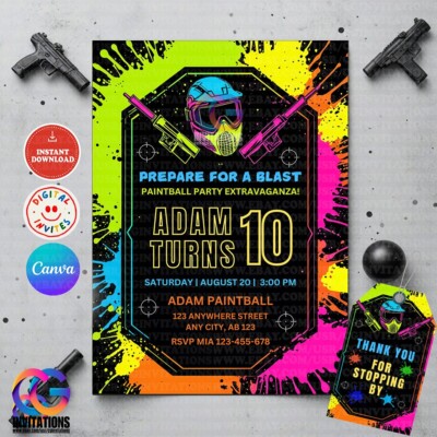 EDITIABLE Paintball birthday Party celebration Invitation, Prepare for the Blast