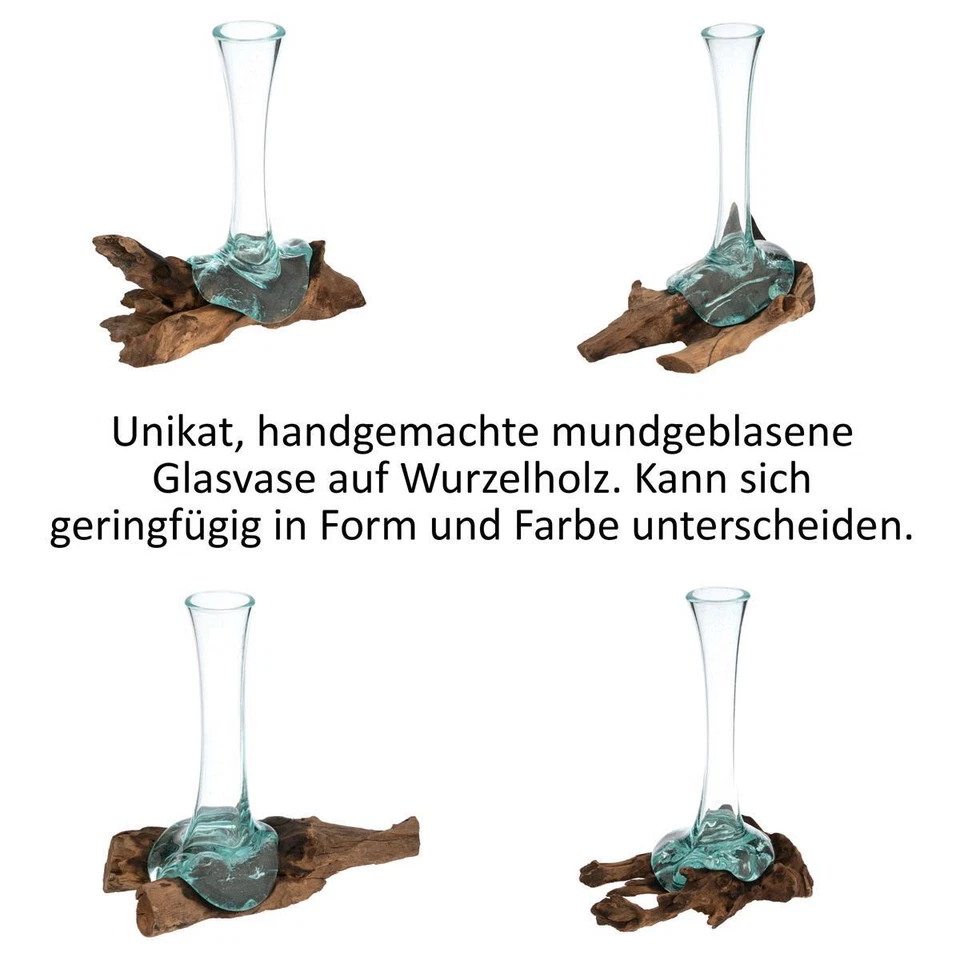 Handgemachte mundgeblasene Wurzelholz-Glasvase Blumenvase Wurzel Teak 25cm - Bild 4 von 4