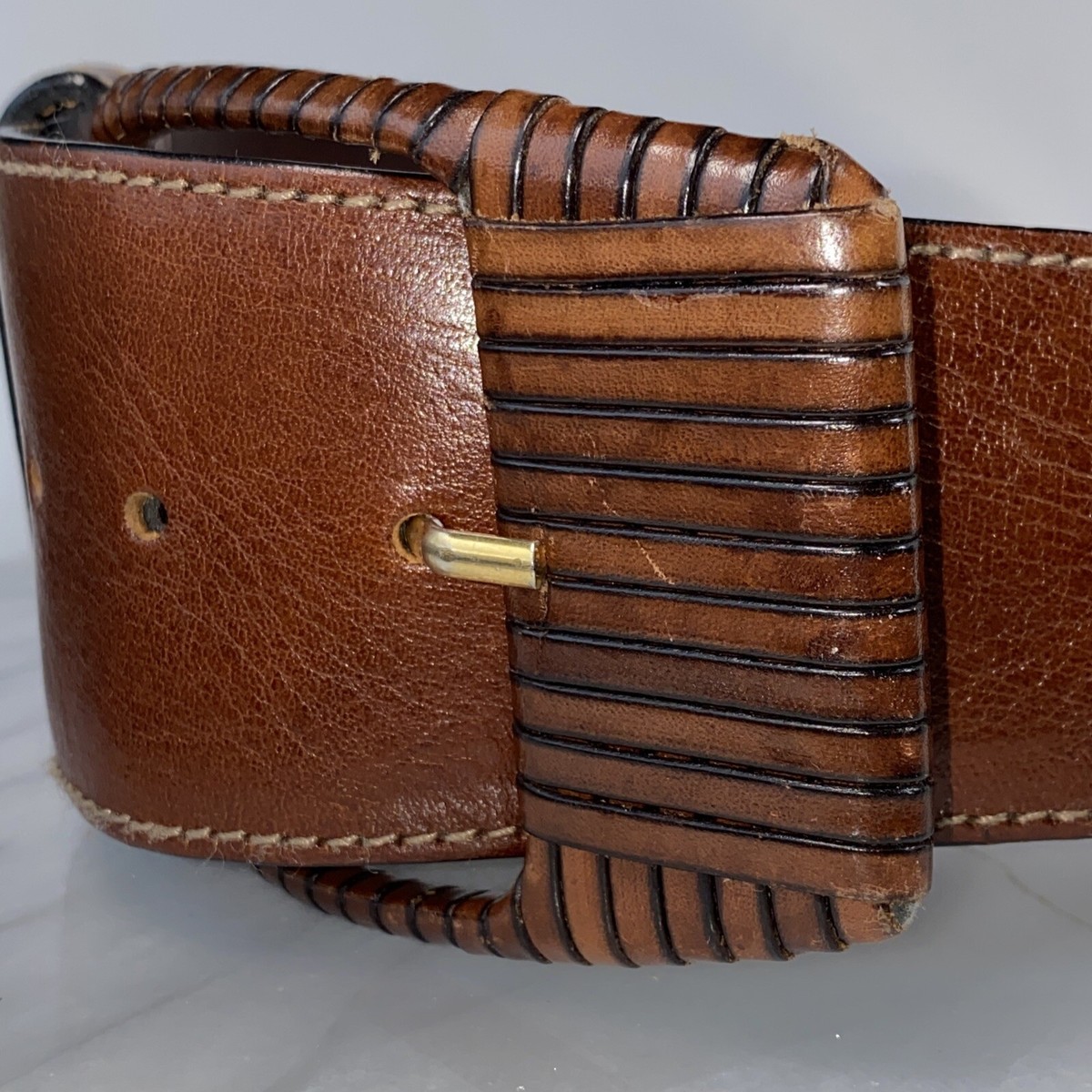 Brown Belt Woven Oversized Buckle Axcess Italy Genuine 
