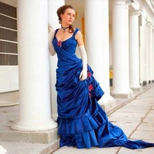 Vintage Victorian Bustle Prom Dress Ruched Royal Blue Taffeta Evening Gown Strap