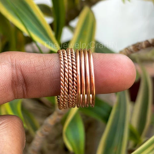 Handmade Copper Stacking Ring Set – Twisted & Smooth Boho Bands All Size