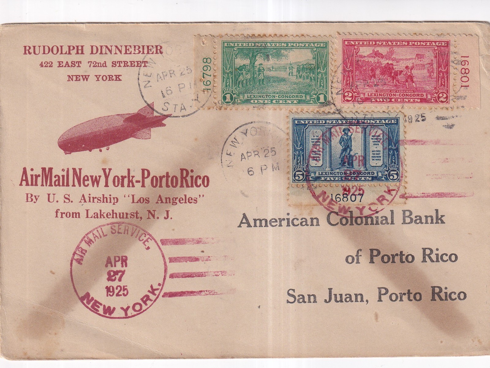 617-619 Lexington-Concord Plate # Singles on Cover US Airship Los Angeles