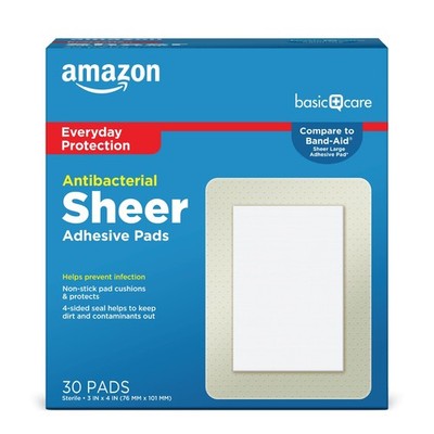 Amazon Basic Care Sheer Adhesive Pad Bandages, Extra 30 Count (Pack of 1) 