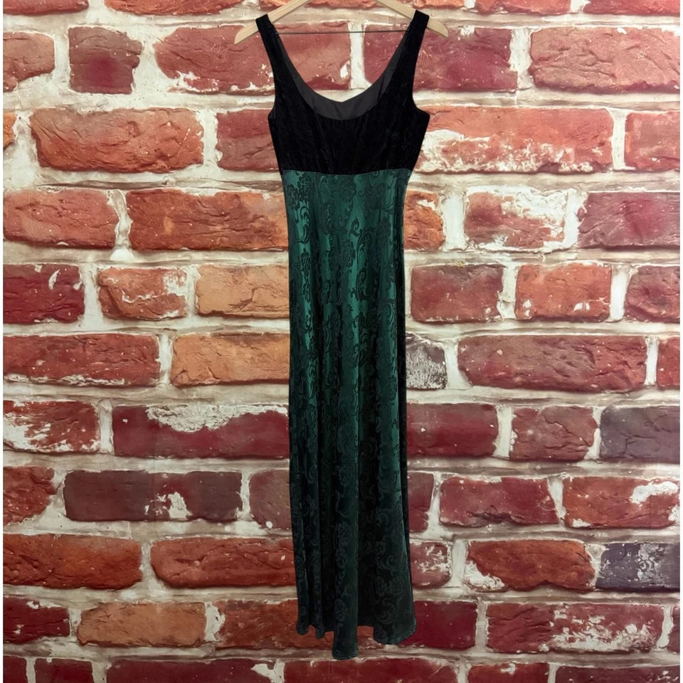 Vintage Rampage R Wear Dress Juniors 7 Black Green Velvet Brocade Maxi 90s Night - Image 2 of 4