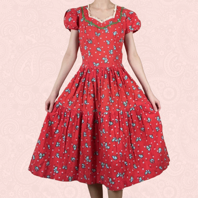 Vintage 40s Red & Blue Butterfly Fit Flare Lace Collar Puff Sleeve Midi  Dress XS | eBay