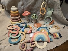 Itzy Ritzy maracas stacking teething zo-li mushie crib toys rainbow wood rubber