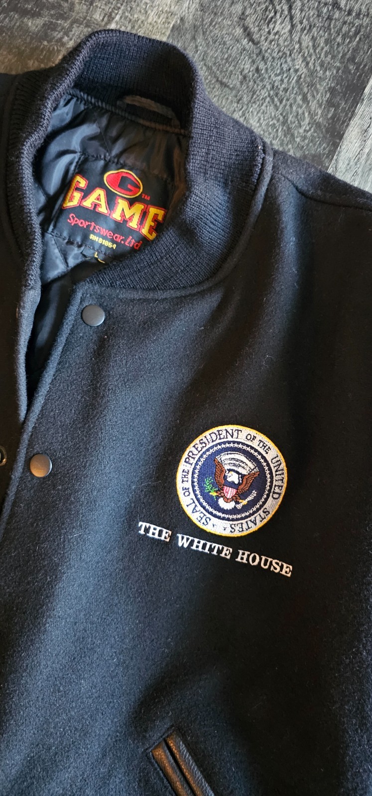 Varsity jacket with White House patch, wool and l… - image 1
