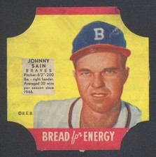 1951 FISCHER'S BREAD~BREAD FOR ENERGY~END LABELS ~ JOHNNY SAIN ~ BOSTON BRAVES